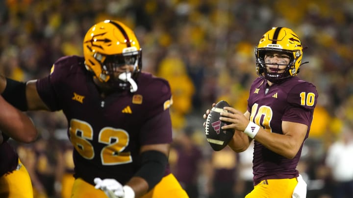 ASU quarterback Sam Leavitt (10) looks for a receiver during a game against Wyoming at Mountain America Stadium on Aug. 31, 2024, in Tempe.