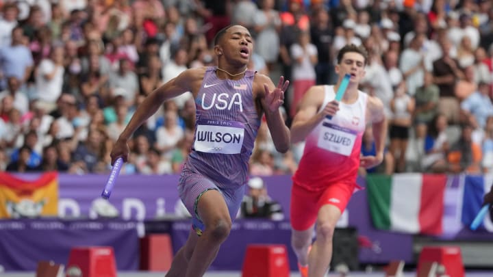 Aug 9, 2024; Saint-Denis, FRANCE; Quincy Wilson (USA) in the men's 4x400m relay heats during the Paris 2024 Olympic Summer Games at Stade de France.