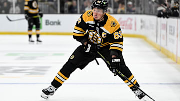 Feb 25, 2025; Boston, Massachusetts, USA; Boston Bruins left wing Brad Marchand (63) skates against the Toronto Maple Leafs during the first period at the TD Garden. Mandatory Credit: Brian Fluharty-Imagn Images