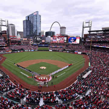 Apr 4, 2024; St. Louis, Missouri, USA;  A general view during the national anthem before the St. Louis Cardinals home opener against the Miami Marlins at Busch Stadium. Mandatory Credit: Jeff Curry-USA TODAY Sports