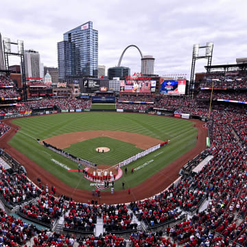 Apr 4, 2024; St. Louis, Missouri, USA;  A general view during the national anthem before the St. Louis Cardinals home opener against the Miami Marlins at Busch Stadium. Mandatory Credit: Jeff Curry-USA TODAY Sports