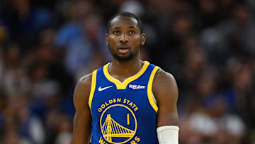 Nov 4, 2025; San Francisco, California, USA; Golden State Warriors forward Jonathan Kuminga (1) looks on against the Phoenix Suns in the third quarter at Chase Center.