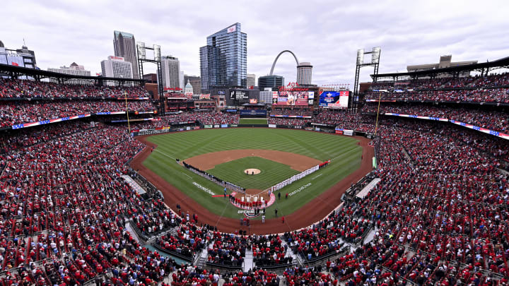 Apr 4, 2024; St. Louis, Missouri, USA;  A general view during the national anthem before the St. Louis Cardinals home opener against the Miami Marlins at Busch Stadium. Mandatory Credit: Jeff Curry-USA TODAY Sports