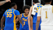 Mar 11, 2025; Charlotte, NC, USA; Pittsburgh Panthers guard Brandin Cummings (3) reacts after hitting a three point shot in the second half at Spectrum Center. Mandatory Credit: Bob Donnan-Imagn Images