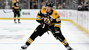 Feb 25, 2025; Boston, Massachusetts, USA; Boston Bruins left wing Brad Marchand (63) skates against the Toronto Maple Leafs during the first period at the TD Garden. Mandatory Credit: Brian Fluharty-Imagn Images