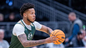 Mar 20, 2025; Seattle, WA, USA; Colorado State Rams forward Jaylen Crocker-Johnson (8) passes the ball during practice at Climate Pledge Arena. Mandatory Credit: Stephen Brashear-Imagn Images