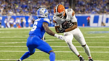 Sep 28, 2025; Detroit, Michigan, USA; Detroit Lions cornerback Terrion Arnold (6) defends against Cleveland Browns wide receiver Cedric Tillman (19) during the first half at Ford Field. Mandatory Credit: David Reginek-Imagn Images