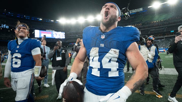 Skattebo screams after winning a "Thursday Night Football" game between the Giants and Eagles at MetLife Stadium.