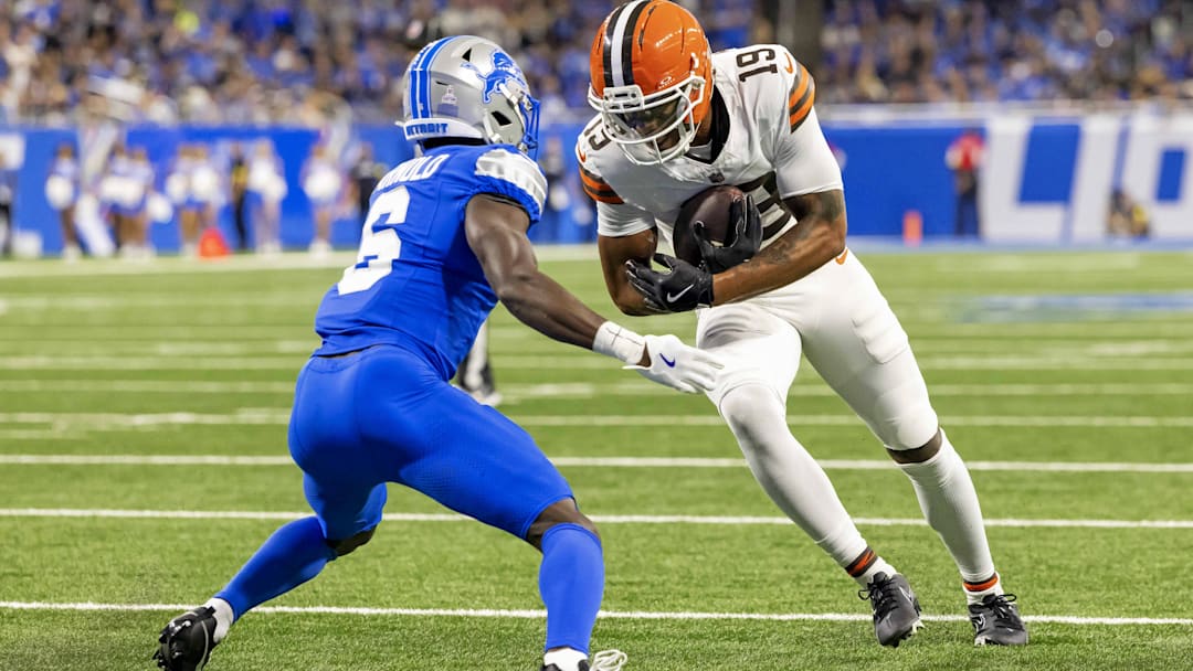 Sep 28, 2025; Detroit, Michigan, USA; Detroit Lions cornerback Terrion Arnold (6) defends against Cleveland Browns wide receiver Cedric Tillman (19) during the first half at Ford Field. Mandatory Credit: David Reginek-Imagn Images