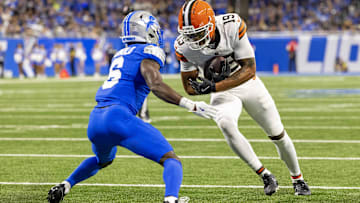 Sep 28, 2025; Detroit, Michigan, USA; Detroit Lions cornerback Terrion Arnold (6) defends against Cleveland Browns wide receiver Cedric Tillman (19) during the first half at Ford Field. Mandatory Credit: David Reginek-Imagn Images
