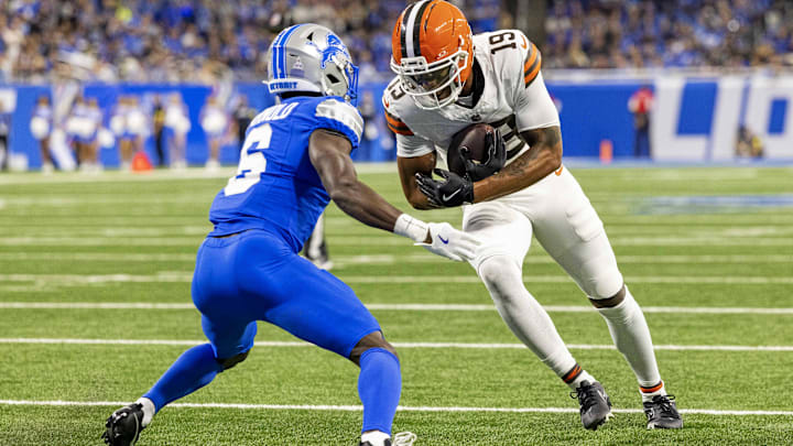 Sep 28, 2025; Detroit, Michigan, USA; Detroit Lions cornerback Terrion Arnold (6) defends against Cleveland Browns wide receiver Cedric Tillman (19) during the first half at Ford Field. Mandatory Credit: David Reginek-Imagn Images