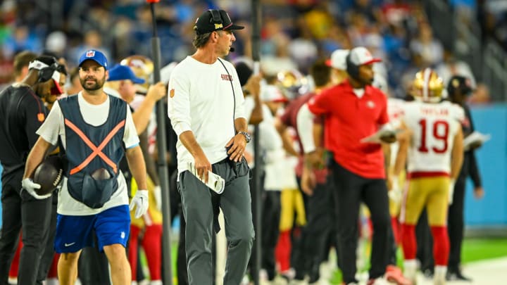 Aug 10, 2024; Nashville, Tennessee, USA;  San Francisco 49ers head coach Kyle Shanahan paces the side lines during the second half at Nissan Stadium. Mandatory Credit: Steve Roberts-USA TODAY Sports