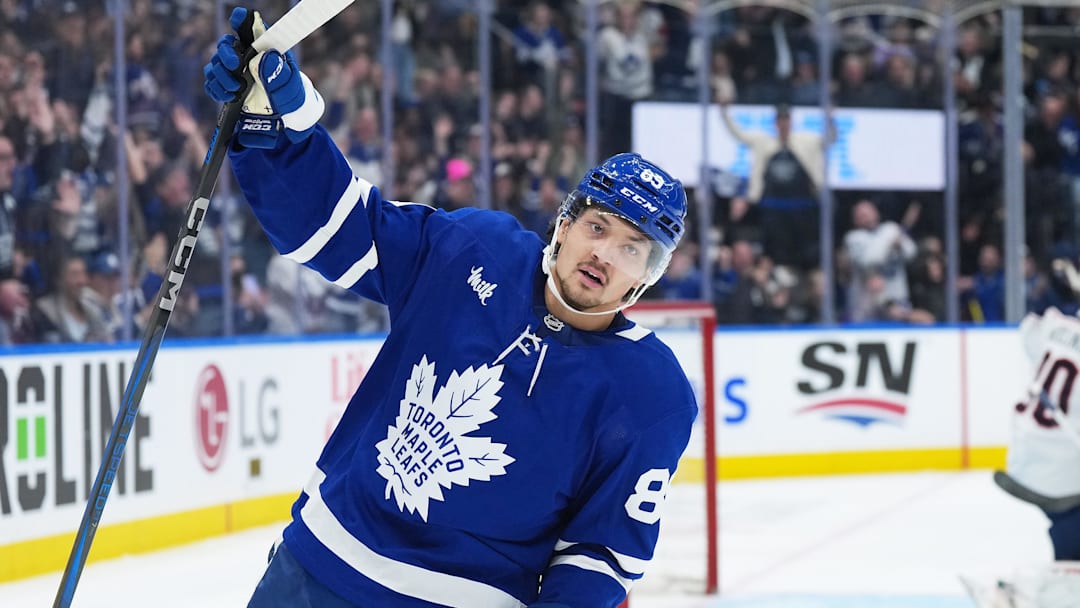 Apr 5, 2025; Toronto, Ontario, CAN; Toronto Maple Leafs left wing Nicholas Robertson (89) celebrates scoring a goal against the Columbus Blue Jackets during the first period at Scotiabank Arena. Mandatory Credit: Nick Turchiaro-Imagn Images