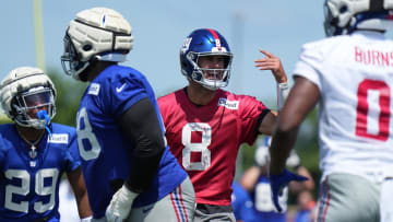 Jul 26, 2024; East Rutherford, NJ, USA; New York Giants quarterback Daniel Jones (8) calls instructions during training camp at Quest Diagnostics Training Center. Mandatory Credit: Lucas Boland-USA TODAY Sports