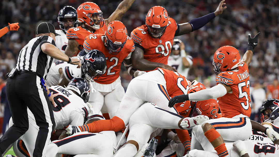 Sep 15, 2024; Houston, Texas, USA; The Chicago Bears recover a Houston Texans fumble on the four yard line in the second half at NRG Stadium. Mandatory Credit: Thomas Shea-Imagn Images