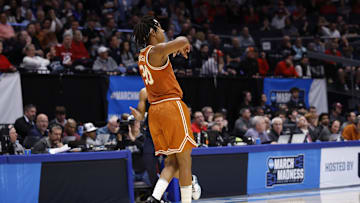 Mar 19, 2025; Dayton, OH, USA; Texas Longhorns guard Tre Johnson (20) reacts to a play in the second half against the Xavier Musketeers at UD Arena. Mandatory Credit: Rick Osentoski-Imagn Images