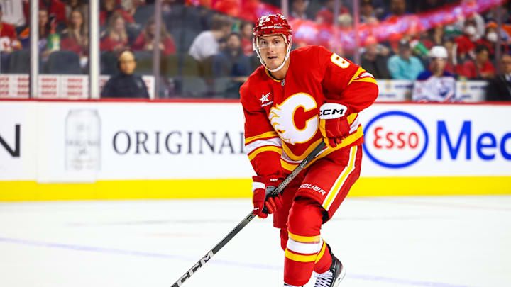 Sep 23, 2024; Calgary, Alberta, CAN; Calgary Flames defenseman Tyson Barrie (8) controls the puck against the Edmonton Oilers during the second period at Scotiabank Saddledome. Mandatory Credit: Sergei Belski-Imagn Images Sep 23, 2024; Calgary, Alberta, CAN; Calgary Flames defenseman Tyson Barrie (8) controls the puck against the Edmonton Oilers during the second period at Scotiabank Saddledome. Mandatory Credit: Sergei Belski-Imagn Images