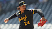 Sep 17, 2025; Pittsburgh, Pennsylvania, USA;  Pittsburgh Pirates starting pitcher Johan Oviedo (24) delivers a pitch against the Chicago Cubs during the first inning at PNC Park. Mandatory Credit: Charles LeClaire-Imagn Images
