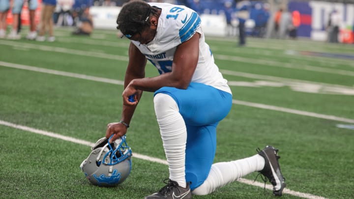 Aug 8, 2024; East Rutherford, New Jersey, USA; Detroit Lions wide receiver Donovan Peoples-Jones (19) reflects before the game against the New York Giants at MetLife Stadium.