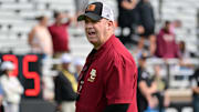 Sep 28, 2024; Chestnut Hill, Massachusetts, USA; Boston College Eagles head coach Bill O'Brien gives instructions as the team warms-up before a game against the Western Kentucky Hilltoppers at Alumni Stadium. Mandatory Credit: Eric Canha-Imagn Images