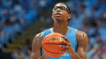 Oct 12, 2024; Cherokee, NC, USA;  Mandatory Credit: North Carolina Tar Heels forward James Brown (2) at the line in the first half at the Dean E. Smith Center. Bob Donnan-Imagn Images