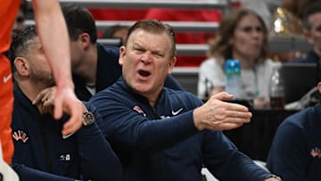 Mar 14, 2025; Indianapolis, IN, USA; Illinois Fighting Illini head coach Brad Underwood during the second half against the Maryland Terrapins at Gainbridge Fieldhouse. Mandatory Credit: Robert Goddin-Imagn Images