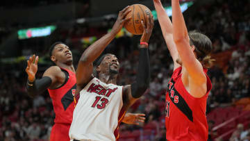 Apr 12, 2024; Miami, Florida, USA;  Miami Heat center Bam Adebayo (13) goes up for a shot; Credit: Jim Rassol-USA TODAY Sports