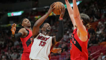 Apr 12, 2024; Miami, Florida, USA;  Miami Heat center Bam Adebayo (13) goes up for a shot; Credit: Jim Rassol-USA TODAY Sports
