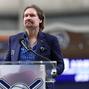 Former Tampa Bay Ray Wade Boggs speaks during his induction to the teams hall of fame before a game against the Atlanta Braves  at Tropicana Field in 2023.