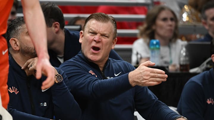 Mar 14, 2025; Indianapolis, IN, USA; Illinois Fighting Illini head coach Brad Underwood during the second half against the Maryland Terrapins at Gainbridge Fieldhouse. Mandatory Credit: Robert Goddin-Imagn Images