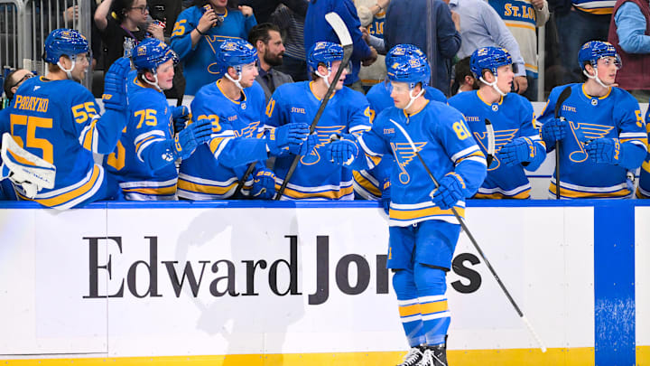 Apr 9, 2026; St. Louis, Missouri, USA; St. Louis Blues left wing Dylan Holloway (81) is congratulated by teammates after scoring against the Winnipeg Jets during the first period at Enterprise Center. Mandatory Credit: Jeff Curry-Imagn Images