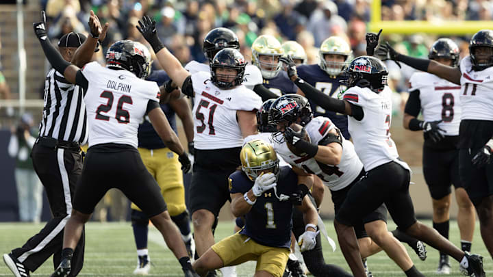 Northern Illinois linebacker Christian Fuhrman (44) intercepts a Notre Dame pass during a NCAA college football game between Notre Dame and Northern Illinois at Notre Dame Stadium on Saturday, Sept. 7, 2024, in South Bend.