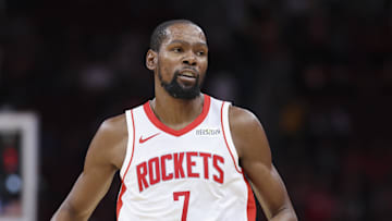 Oct 8, 2025; Houston, Texas, USA; Houston Rockets forward Kevin Durant (7) reacts after a play during the second quarter against the Utah Jazz at Toyota Center. Mandatory Credit: Troy Taormina-Imagn Images