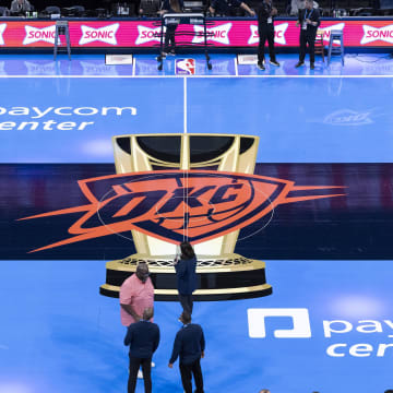 Nov 3, 2023; Oklahoma City, Oklahoma, USA; A view of the tournament court before the game between the Golden State Warriors and Oklahoma City Thunder at Paycom Center. Mandatory Credit: Alonzo Adams-USA TODAY Sports