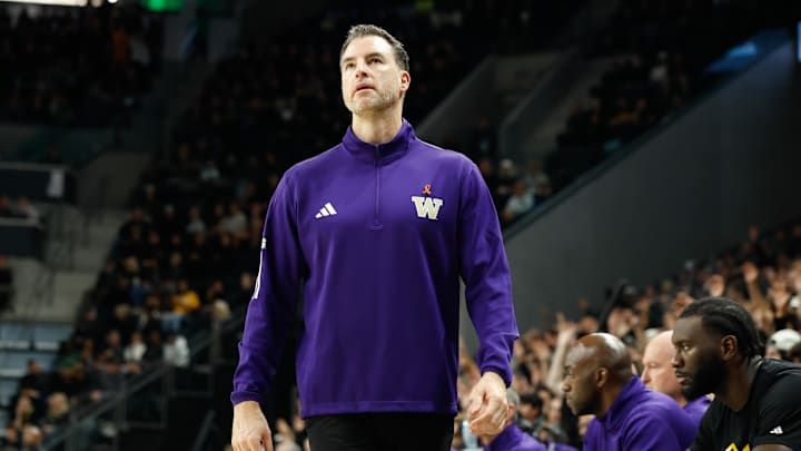 Nov 9, 2025; Waco, Texas, USA; Washington Huskies head coach Danny Sprinkle reacts on the sidelines against the Baylor Bears during the first half at Paul and Alejandra Foster Pavilion. Mandatory Credit: Chris Jones-Imagn Images
