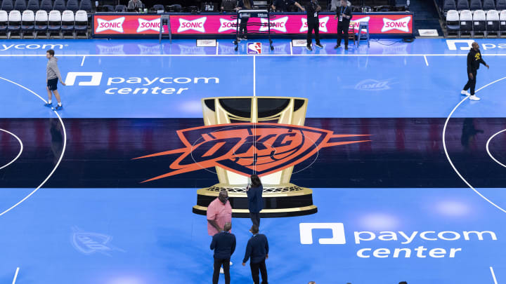 Nov 3, 2023; Oklahoma City, Oklahoma, USA; A view of the tournament court before the game between the Golden State Warriors and Oklahoma City Thunder at Paycom Center. Mandatory Credit: Alonzo Adams-USA TODAY Sports