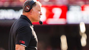 Oct 5, 2024; Lincoln, Nebraska, USA; Rutgers Scarlet Knights head coach Greg Schiano reacts during the second quarter against the Nebraska Cornhuskers at Memorial Stadium. Mandatory Credit: Dylan Widger-Imagn Images