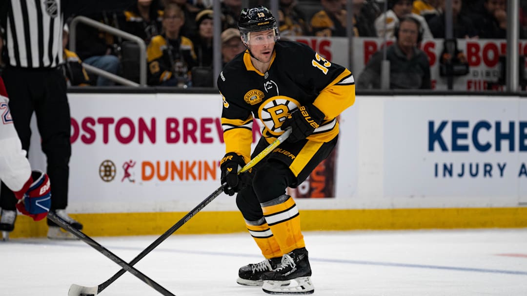 Dec 1, 2024; Boston, Massachusetts, USA; Boston Bruins center Charlie Coyle (13) skates with the puck in the third period against the Montreal Canadiens at TD Garden. Mandatory Credit: Natalie Reid-Imagn Images