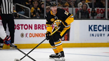 Dec 1, 2024; Boston, Massachusetts, USA; Boston Bruins center Charlie Coyle (13) skates with the puck in the third period against the Montreal Canadiens at TD Garden. Mandatory Credit: Natalie Reid-Imagn Images