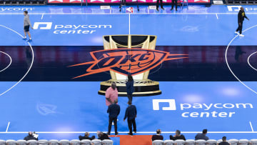 Nov 3, 2023; Oklahoma City, Oklahoma, USA; A view of the tournament court before the game between the Golden State Warriors and Oklahoma City Thunder at Paycom Center. Mandatory Credit: Alonzo Adams-USA TODAY Sports