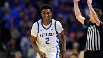 Oct 29, 2024; Lexington, KY, USA; Kentucky Wildcats guard Jaxson Robinson (2) smiles after making a three-point basket during the first half against the Minnesota State Mavericks at Rupp Arena. Mandatory Credit: Jordan Prather-Imagn Images