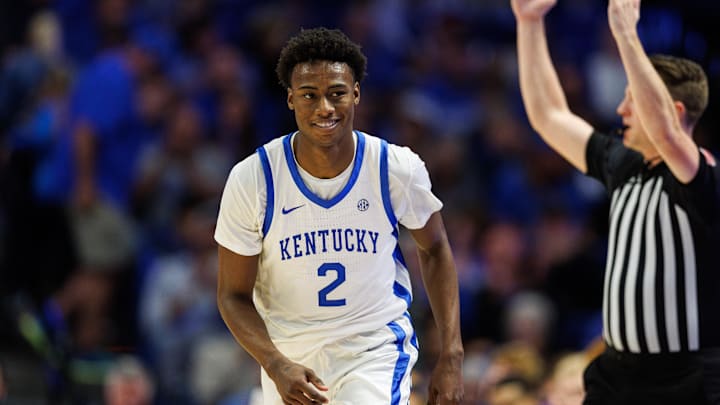 Oct 29, 2024; Lexington, KY, USA; Kentucky Wildcats guard Jaxson Robinson (2) smiles after making a three-point basket during the first half against the Minnesota State Mavericks at Rupp Arena. Mandatory Credit: Jordan Prather-Imagn Images Oct 29, 2024; Lexington, KY, USA; Kentucky Wildcats guard Jaxson Robinson (2) smiles after making a three-point basket during the first half against the Minnesota State Mavericks at Rupp Arena. Mandatory Credit: Jordan Prather-Imagn Images