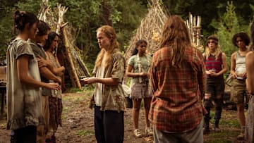 L-R: Alexa Barajas as Teen Mari, Kevin Alves as Teen Travis, Courtney Eaton as Teen Lottie, Liv Hewson as Teen Van, Silvana Estifanos as Teen Britt, Sophie Thatcher as Teen Natalie and Jasmin Savoy Brown as Teen Taissa in Yellowjackets, episode 5, season 3, streaming on Paramount+ with SHOWTIME, 2025. Photo Credit: Kailey Schwerman/Paramount+ with SHOWTIME.