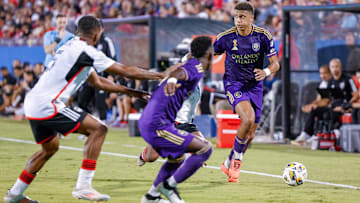 Sep 28, 2024; Frisco, Texas, USA; Orlando City defender Rafael Santos (3) brings the ball up the sideline during the second half against FC Dallas at Toyota Stadium. Mandatory Credit: Andrew Dieb-Imagn Images