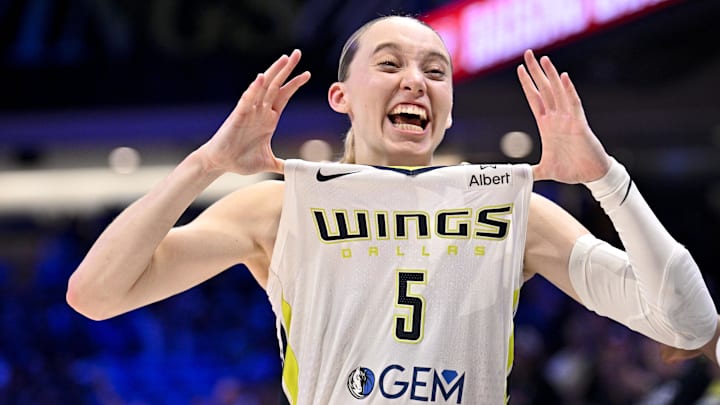 Sep 11, 2025; Arlington, Texas, USA; Dallas Wings guard Paige Bueckers (5) celebrates after the game against the Phoenix Mercury at College Park Center. Mandatory Credit: Jerome Miron-Imagn Images