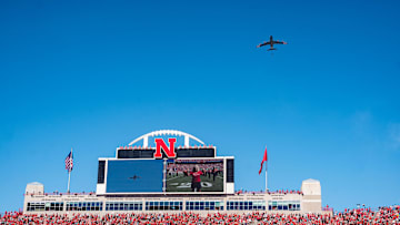 Aug 31, 2024; Lincoln, Nebraska, USA; A KC-135 Stratotanker flies over during the national anthem before a game between the Nebraska Cornhuskers and the UTEP Miners at Memorial Stadium. 