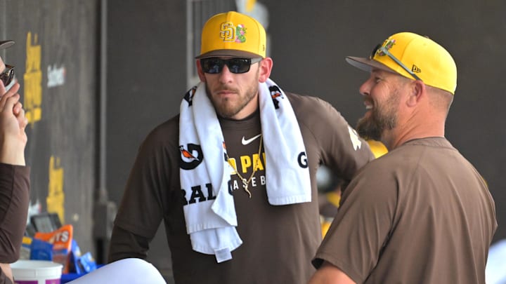 Feb 23, 2026; Peoria, Arizona, USA;  San Diego Padres pitcher Joe Musgrove (44) in the dugout during the game against the Milwaukee Brewers at Peoria Sports Complex. Mandatory Credit: Jayne Kamin-Oncea-Imagn Images