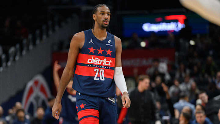 Mar 24, 2025; Washington, District of Columbia, USA; Washington Wizards forward Alex Sarr (20) looks on during the second quarter against the Toronto Raptors at Capital One Arena. Mandatory Credit: Reggie Hildred-Imagn Images
