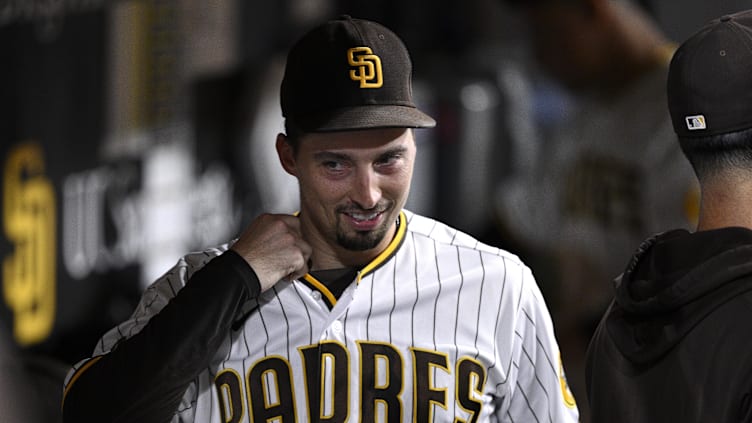 Sep 19, 2023; San Diego, California, USA; San Diego Padres starting pitcher Blake Snell (4) looks on