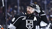 Apr 6, 2024; Los Angeles, California, USA; Los Angeles Kings defenseman Drew Doughty (8) looks on during the third period of a game against the Vancouver Canucks at Crypto.com Arena. Mandatory Credit: Jessica Alcheh-Imagn Images